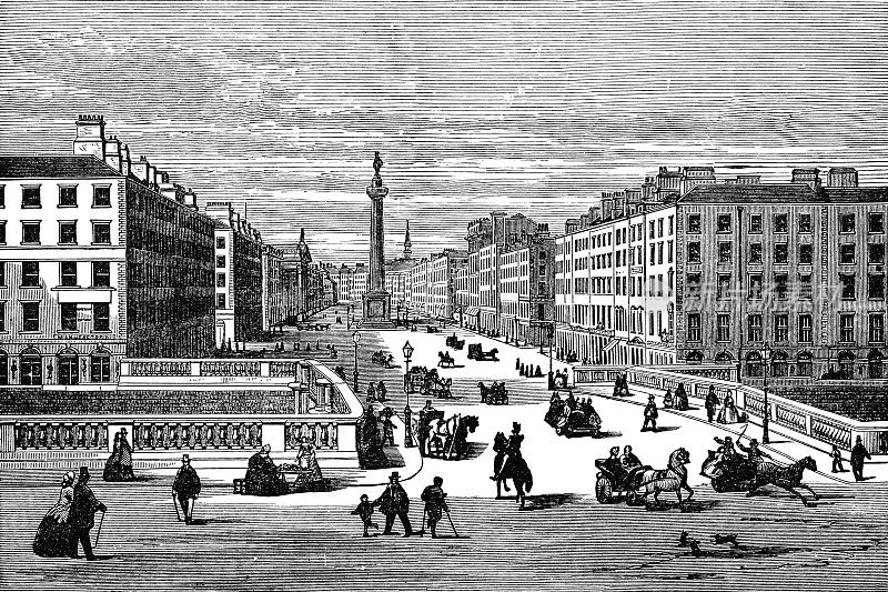 萨克维尔街/奥康奈尔街的城市景观在都柏林，爱尔兰- 19世纪